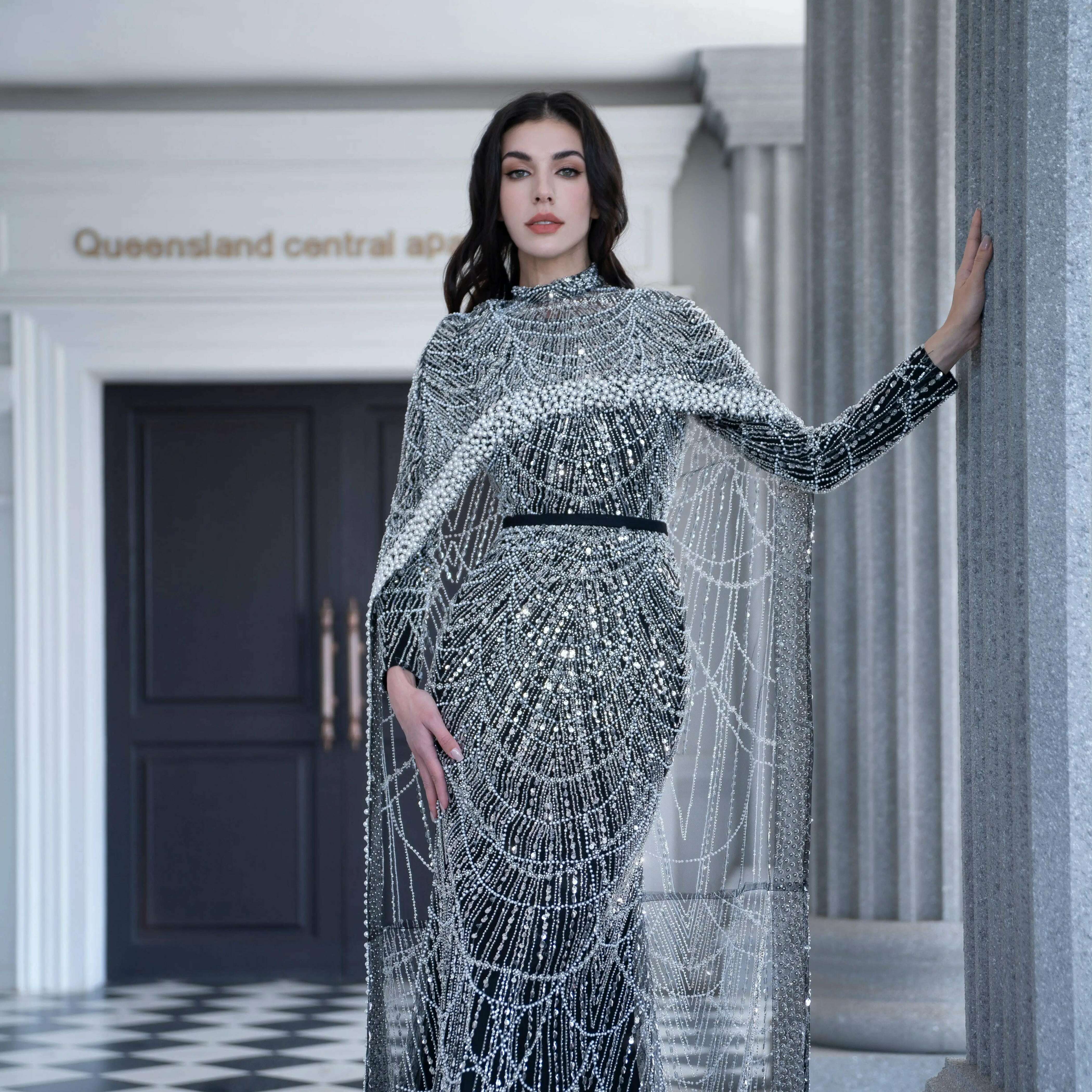 KIMLUD, Alice CollectionPro Dubai Arabic Champagne Long Evening Dress 2024 Women's Prom Evening Dresses Gown with Cape Luxury Customized, Long Sleeves Black / 16 / CHINA, KIMLUD APPAREL - Womens Clothes