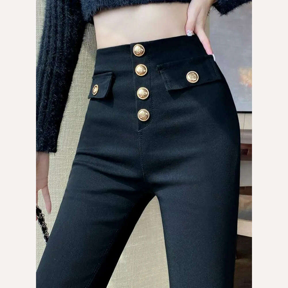 KIMLUD, All-match casual pants 2022 autumn winter plus velvet high waist slim stretch foot pants fashionable women's clothing, KIMLUD Womens Clothes