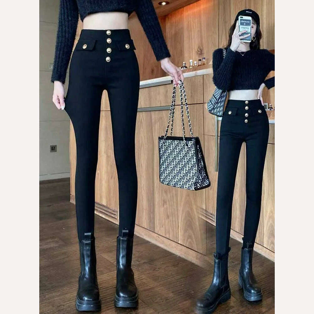 All-match casual pants 2022 autumn winter plus velvet high waist slim stretch foot pants fashionable women's clothing - KIMLUD