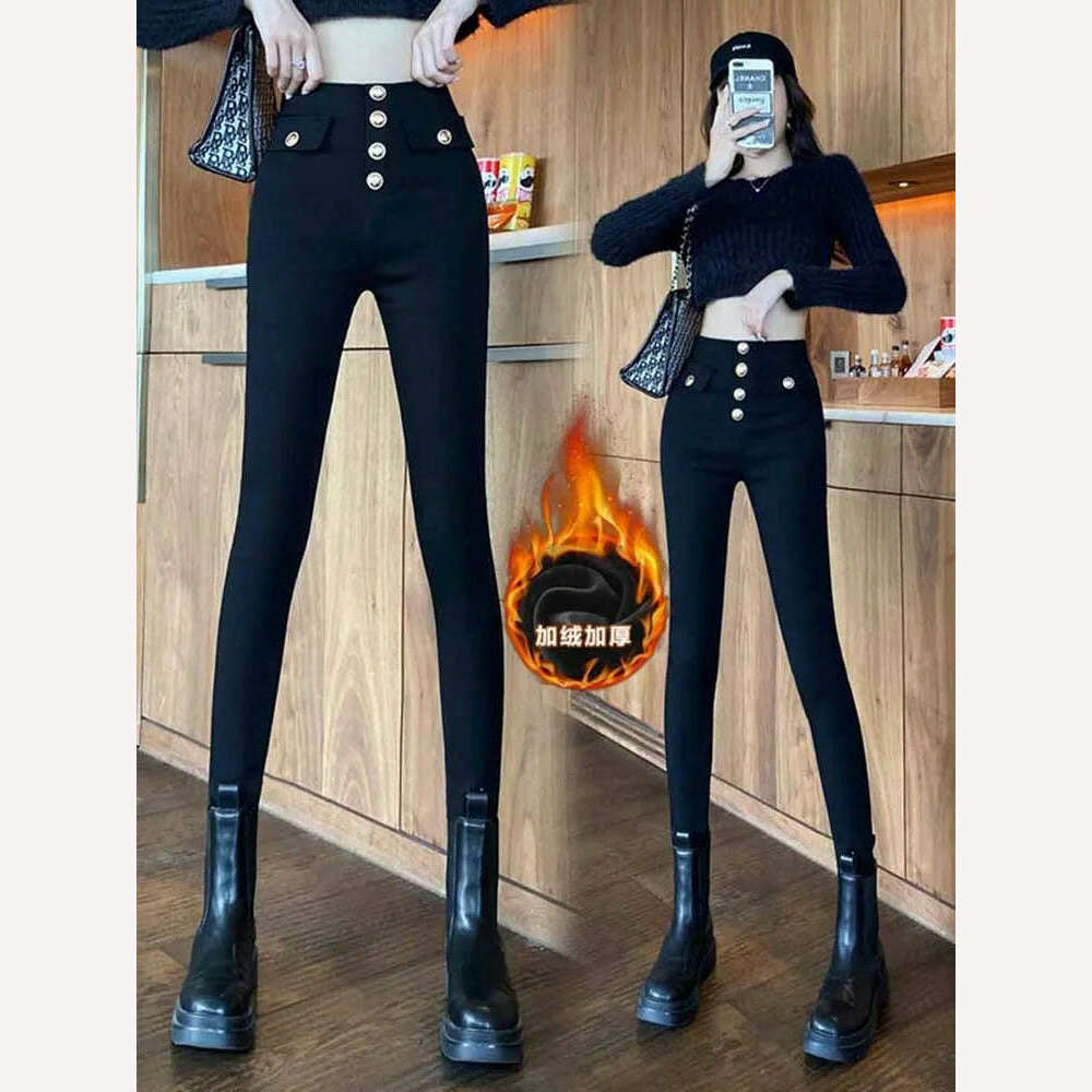 All-match casual pants 2022 autumn winter plus velvet high waist slim stretch foot pants fashionable women's clothing - KIMLUD