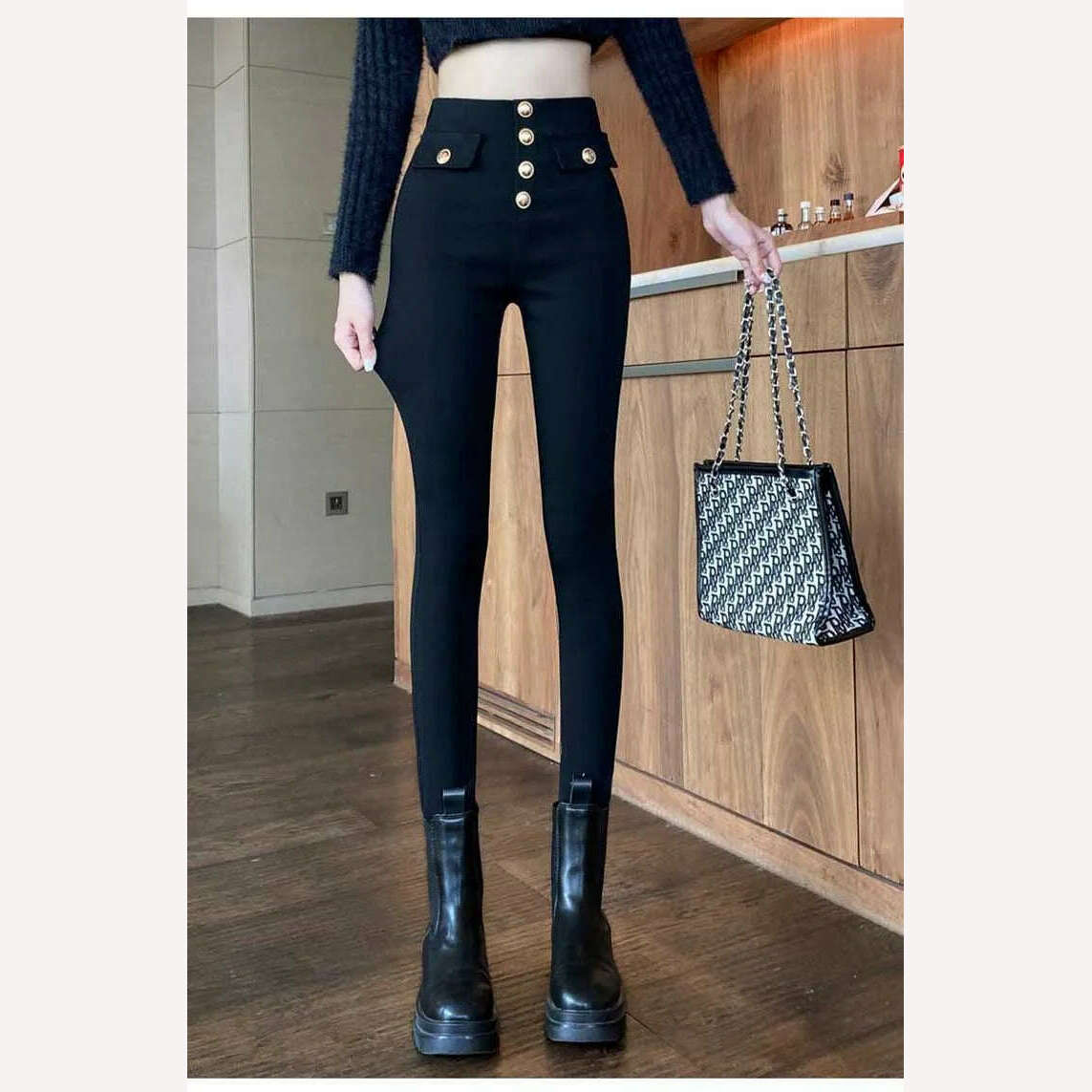 KIMLUD, All-match casual pants 2022 autumn winter plus velvet high waist slim stretch foot pants fashionable women's clothing, KIMLUD Womens Clothes