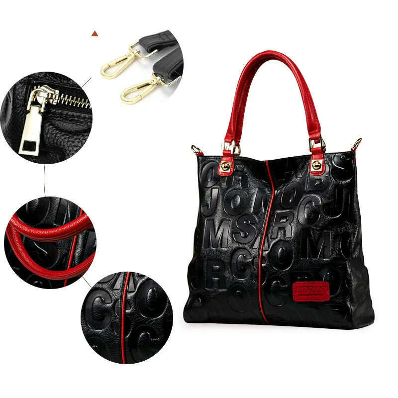 Alphabet leather women's bag, large-capacity handbag, fashionable and versatile, first-layer cowhide one-shoulder crossbody bag - KIMLUD