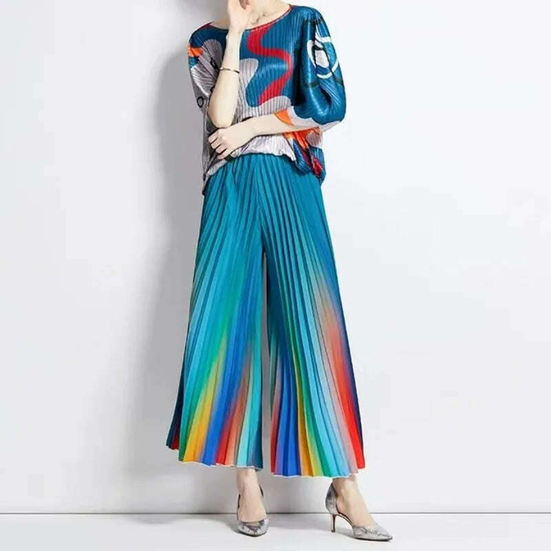 KIMLUD, ALSEY Miyake Pleated Slim Hundred Fashion Rainbow Color Gradient Women's Office Lady Casual Pants Spring/Summer 2024 New, KIMLUD Womens Clothes