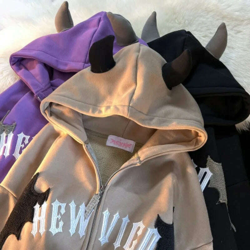 American Retro Little Devil Embroidered Zipper Hoodie Women Y2K Street Fashion Trend Joker Sweatshirt Couple Casual Loose Hoodie - KIMLUD