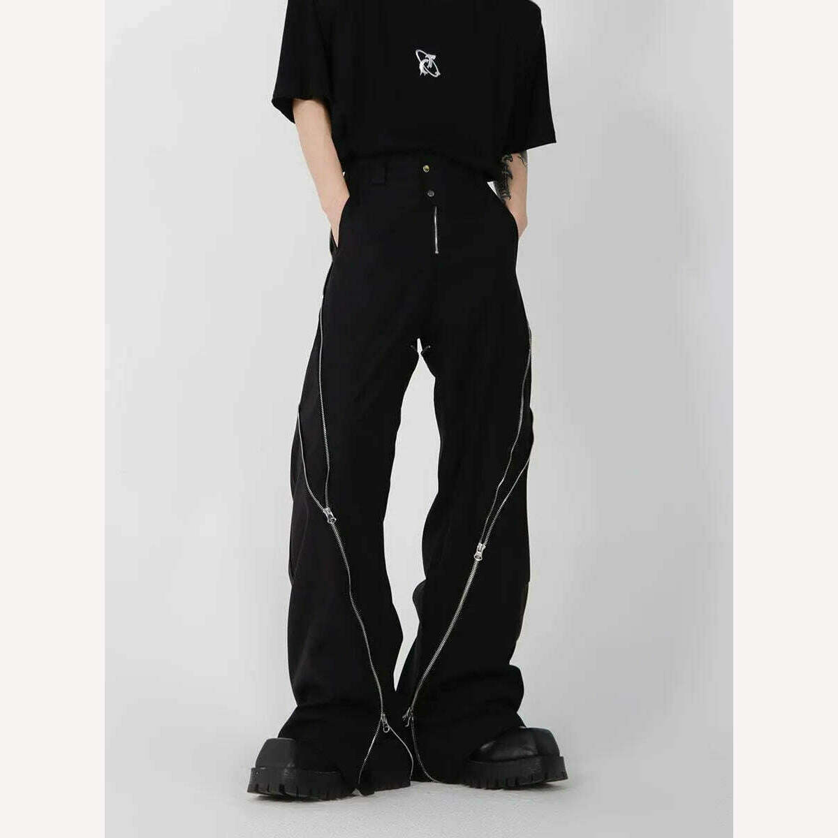 American trendy brand men black zipper design slit slightly flared pants vertical feeling straight casual pants retro trousers - KIMLUD