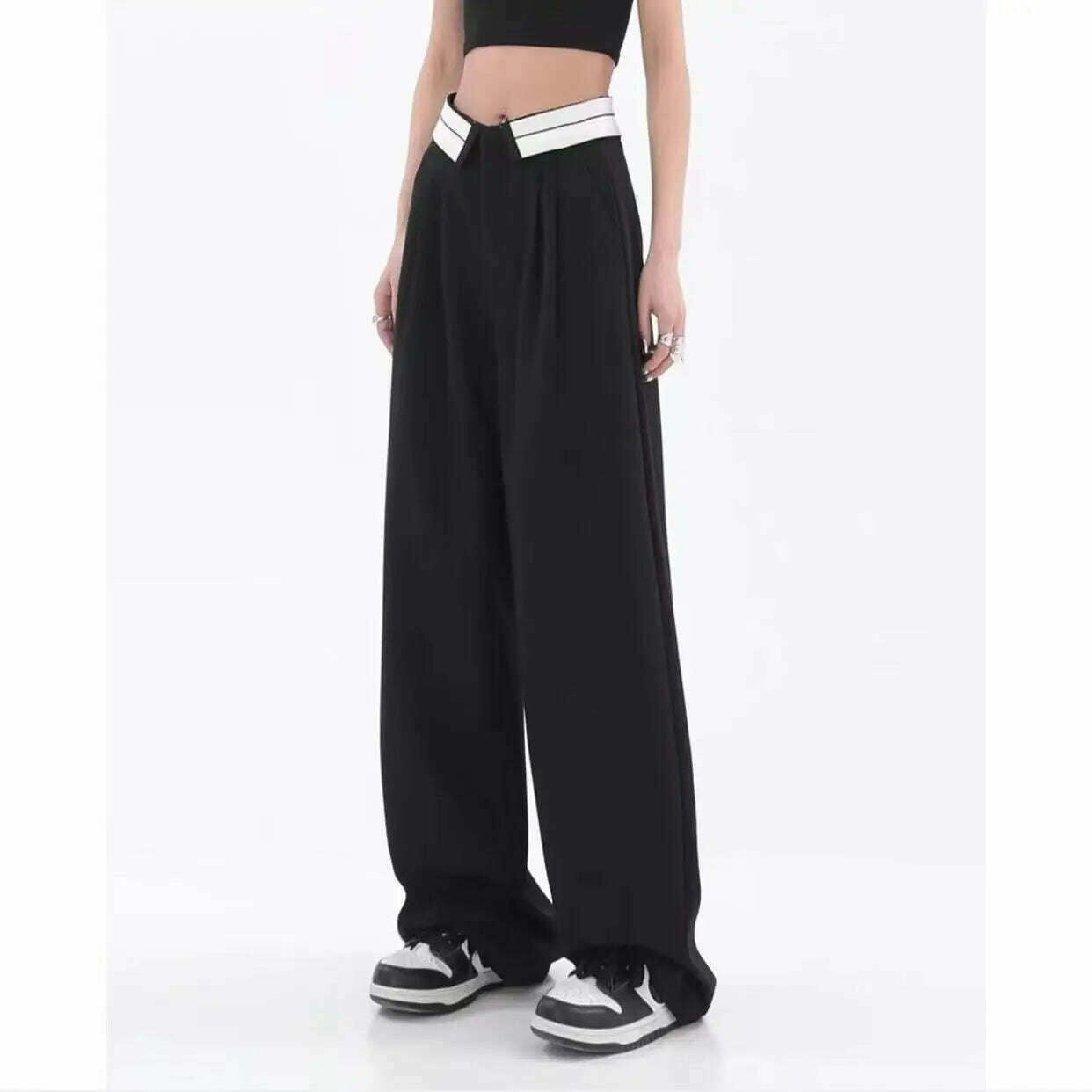 American trendy brand men black zipper design slit slightly flared pants vertical feeling straight casual pants retro trousers - KIMLUD
