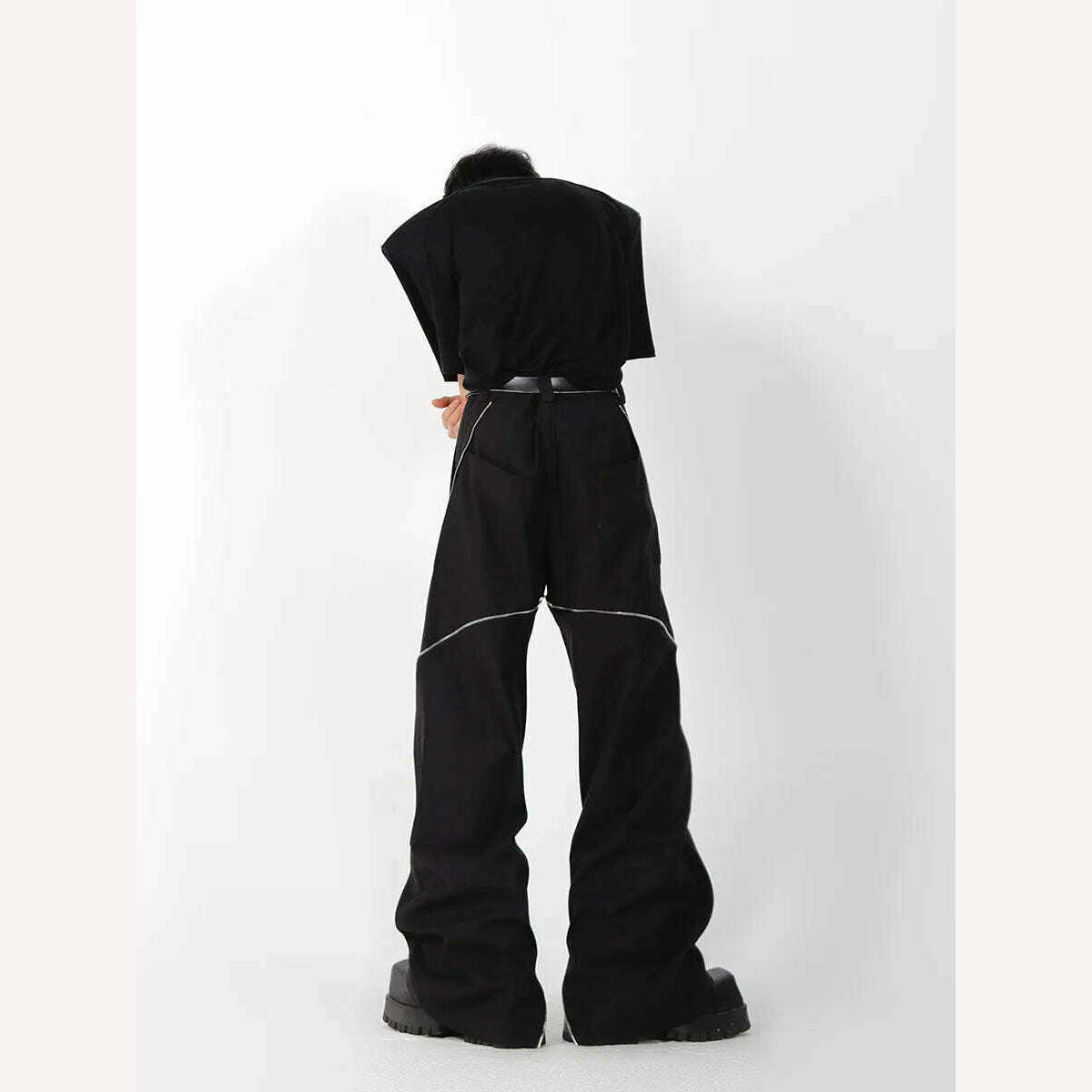 American trendy brand men black zipper design slit slightly flared pants vertical feeling straight casual pants retro trousers - KIMLUD