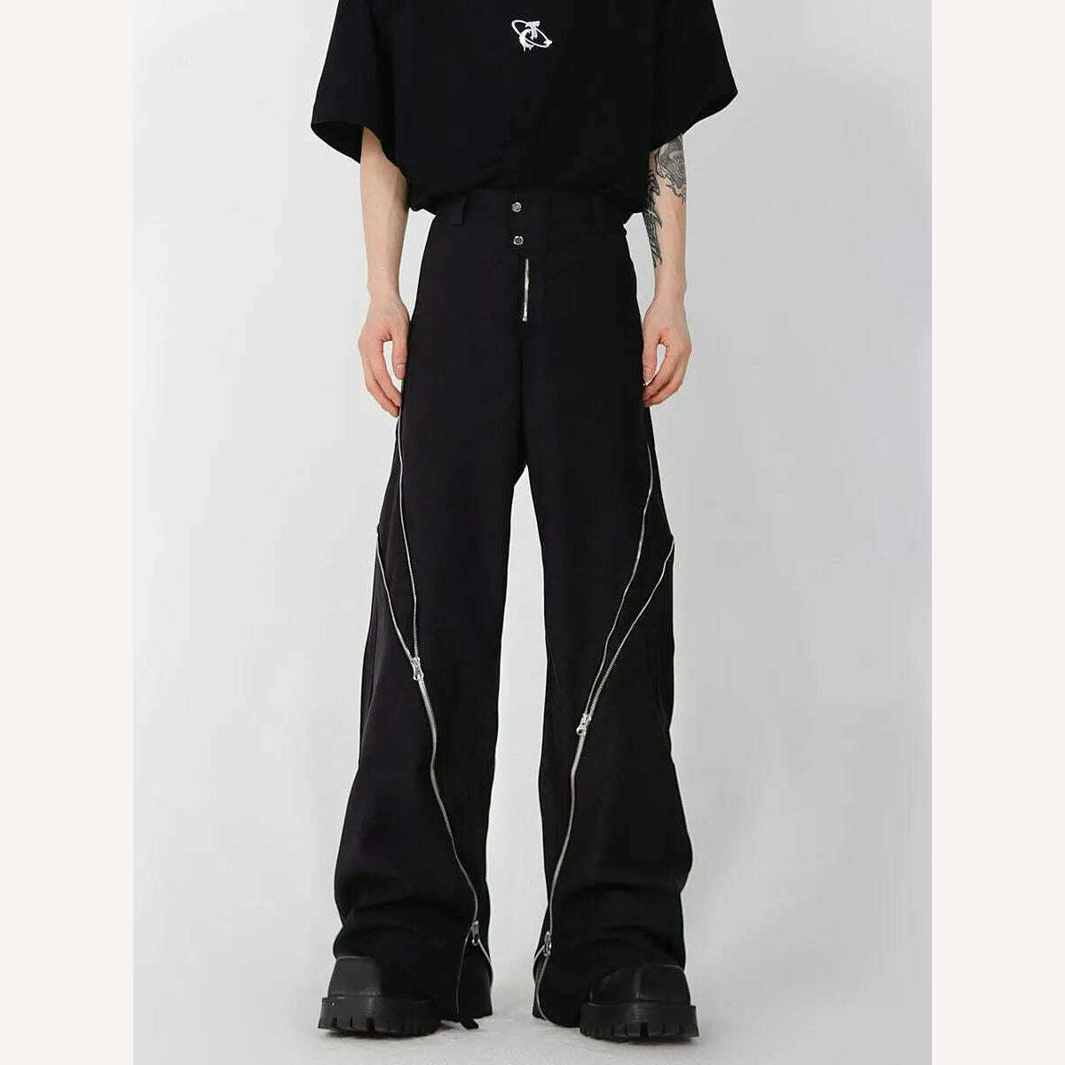 American trendy brand men black zipper design slit slightly flared pants vertical feeling straight casual pants retro trousers - KIMLUD