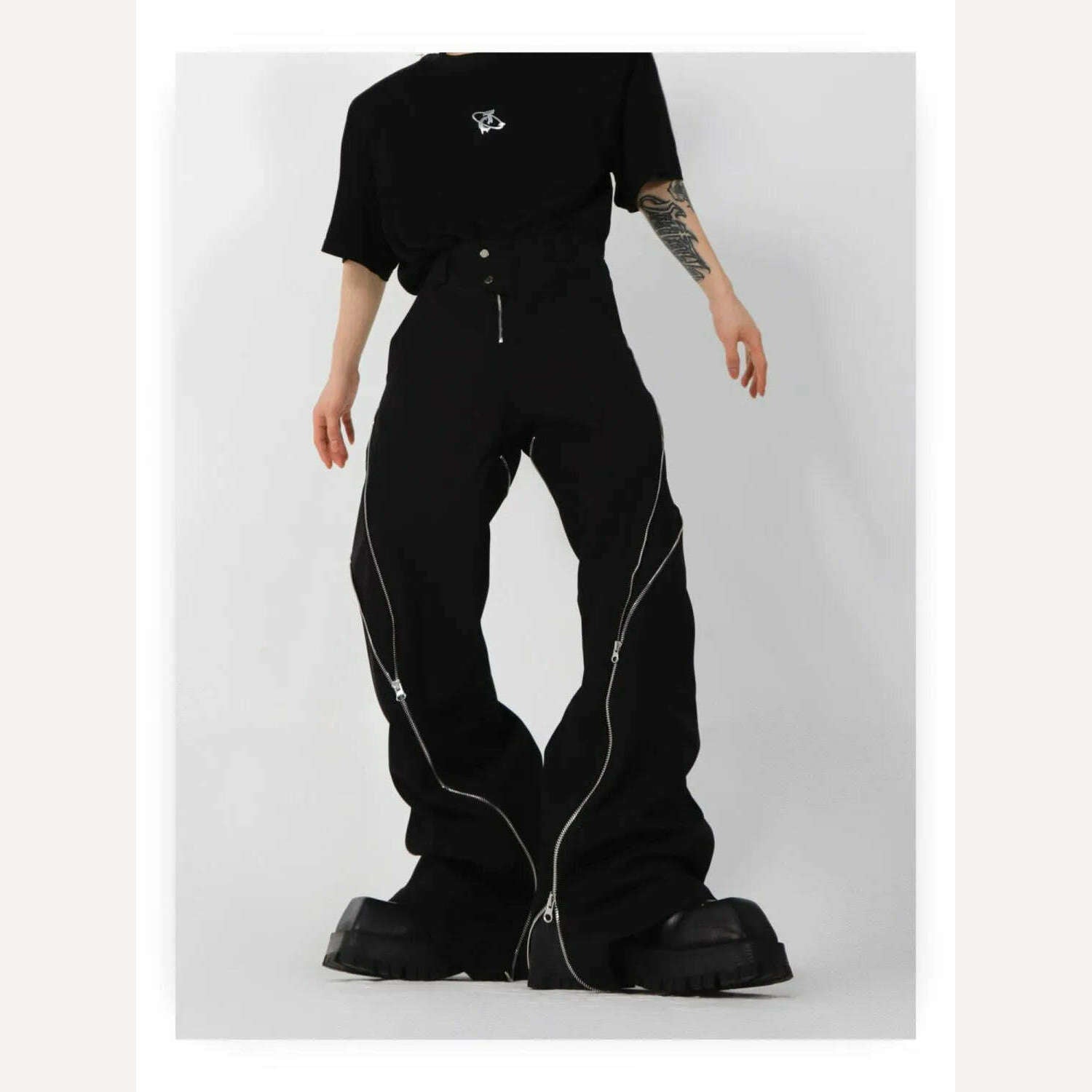 American trendy brand men black zipper design slit slightly flared pants vertical feeling straight casual pants retro trousers - KIMLUD