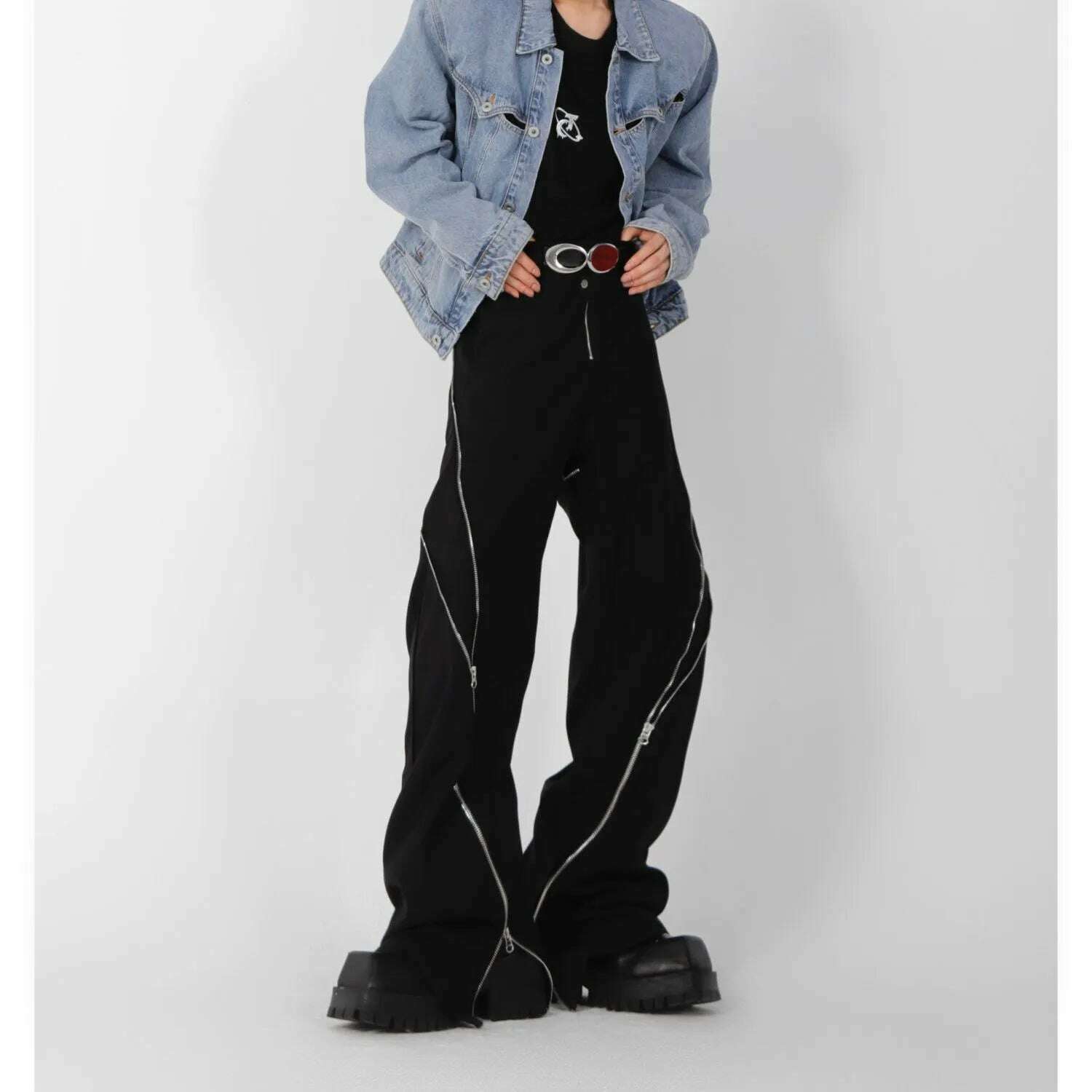 KIMLUD, American trendy brand men black zipper design slit slightly flared pants vertical feeling straight casual pants retro trousers, KIMLUD Womens Clothes