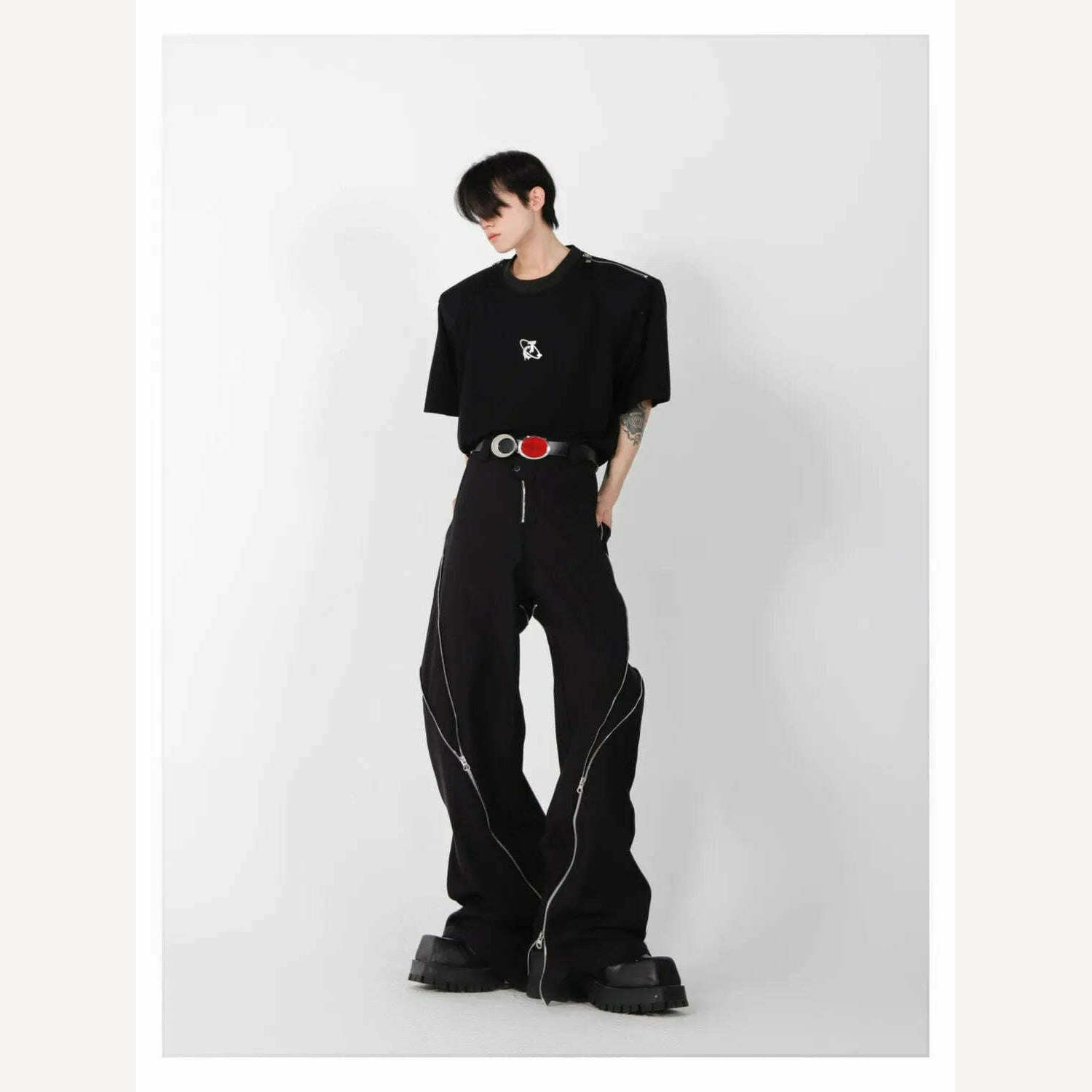 American trendy brand men black zipper design slit slightly flared pants vertical feeling straight casual pants retro trousers - KIMLUD