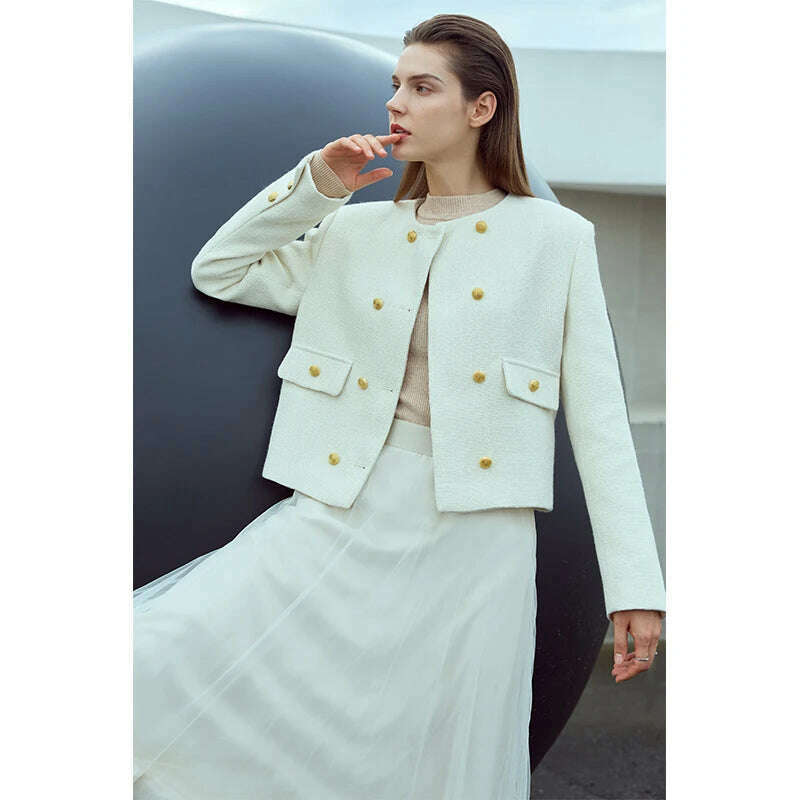KIMLUD, AMII Minimalism French Fragrance Coat for Women 2023 Autumn New Short Loose O-neck Double Breasted Commuter Jackets 12343169, white / S, KIMLUD Womens Clothes