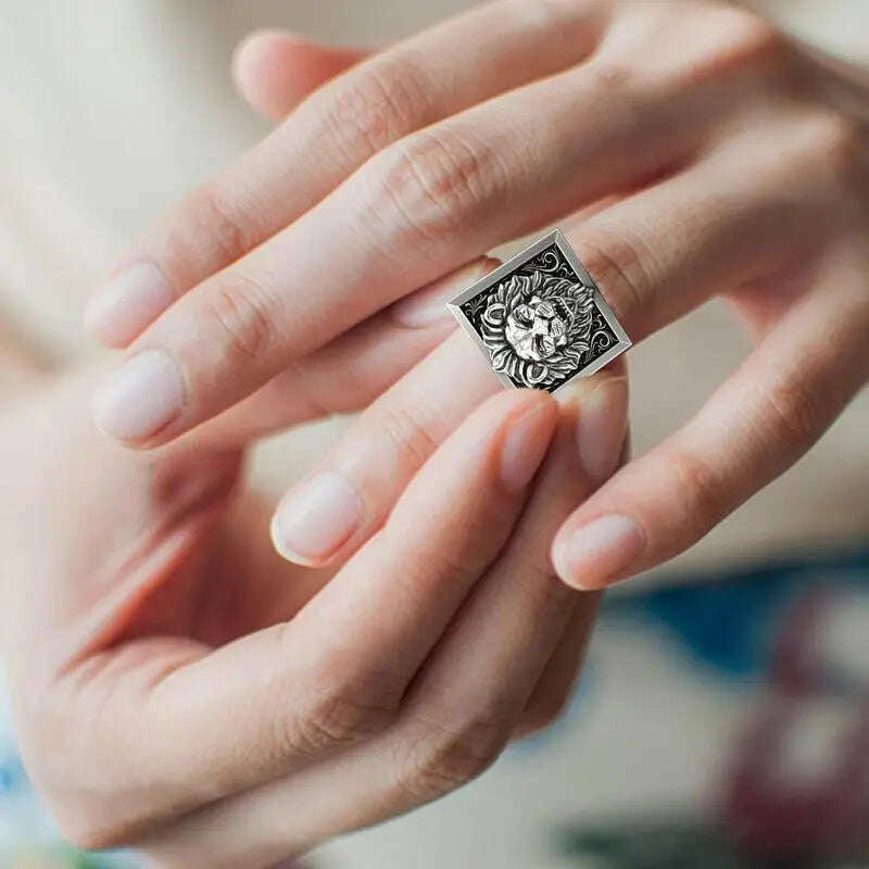 KIMLUD, Amulet Ring Lion Signet Rings Fashion Male Punk Jewelry Double Layer Engraved With Mini Storage Box Design Anniversary Ring For, KIMLUD Womens Clothes