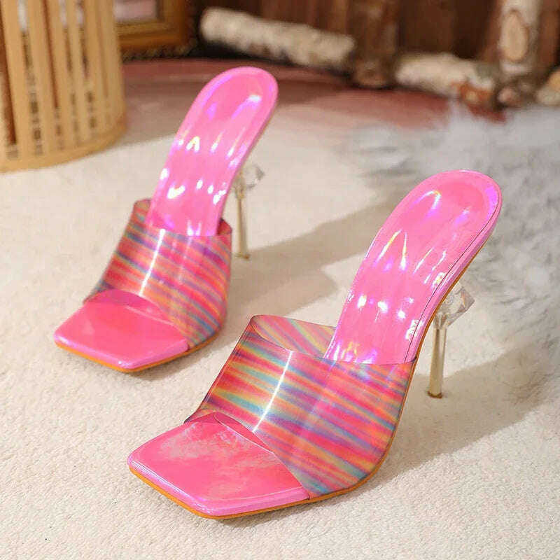 Aneikeh Gradient Leather PVC Transparent Slippers For Women Sexy Square Toe Strange High Heels Sandals Summer Fashion Party Shoe - KIMLUD
