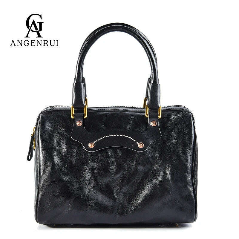 KIMLUD, ANGENGRUI • Luxury Women's Bags Leather Fashion Handbags Vegetable Tanned First Layer Leather Classic Boston Bags Crossbody Bags, Black / (20cm<Max Length<30cm) / CHINA, KIMLUD Women's Clothes