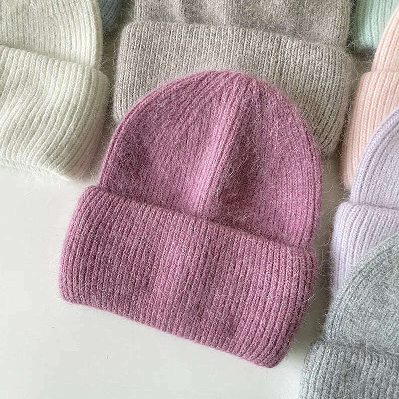 Angola Beanie Hat Winter Women&#39;s 2022 Rabbit Fur Bonnet Knitted Coarse Cap Thick Soft Ski Cap Lady Skullies Beanies Rib Hats - KIMLUD