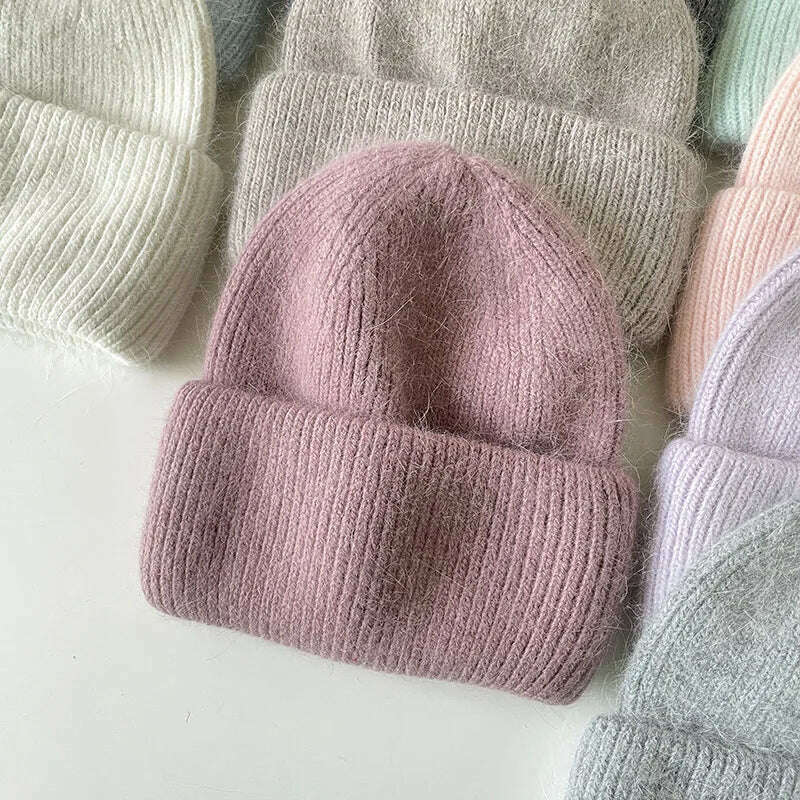 Angola Beanie Hat Winter Women&#39;s 2022 Rabbit Fur Bonnet Knitted Coarse Cap Thick Soft Ski Cap Lady Skullies Beanies Rib Hats - KIMLUD