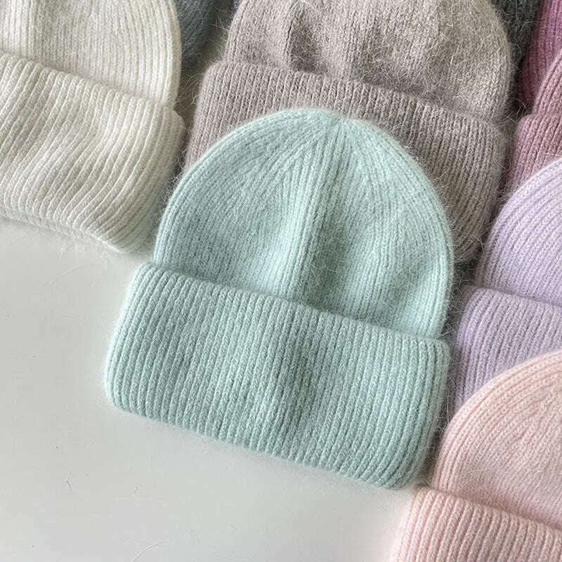Angola Beanie Hat Winter Women&#39;s 2022 Rabbit Fur Bonnet Knitted Coarse Cap Thick Soft Ski Cap Lady Skullies Beanies Rib Hats - KIMLUD