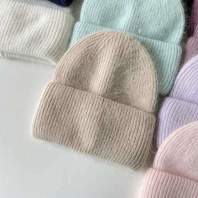 Angola Beanie Hat Winter Women&#39;s 2022 Rabbit Fur Bonnet Knitted Coarse Cap Thick Soft Ski Cap Lady Skullies Beanies Rib Hats - KIMLUD