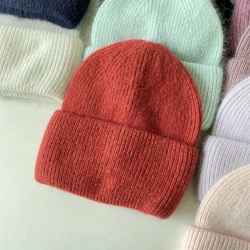 Angola Beanie Hat Winter Women&#39;s 2022 Rabbit Fur Bonnet Knitted Coarse Cap Thick Soft Ski Cap Lady Skullies Beanies Rib Hats - KIMLUD