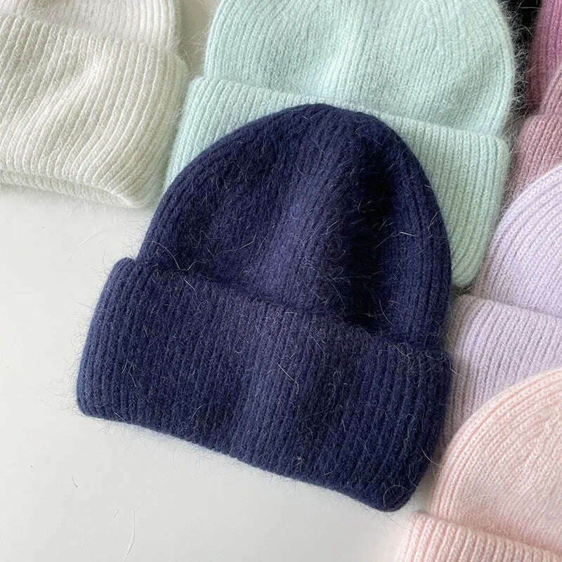 Angola Beanie Hat Winter Women&#39;s 2022 Rabbit Fur Bonnet Knitted Coarse Cap Thick Soft Ski Cap Lady Skullies Beanies Rib Hats - KIMLUD