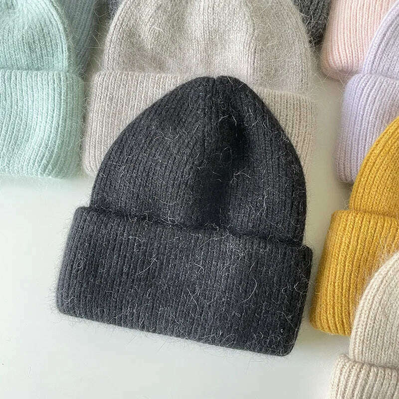 Angola Beanie Hat Winter Women&#39;s 2022 Rabbit Fur Bonnet Knitted Coarse Cap Thick Soft Ski Cap Lady Skullies Beanies Rib Hats - KIMLUD