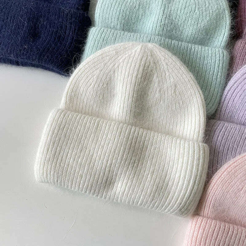 Angola Beanie Hat Winter Women&#39;s 2022 Rabbit Fur Bonnet Knitted Coarse Cap Thick Soft Ski Cap Lady Skullies Beanies Rib Hats - KIMLUD