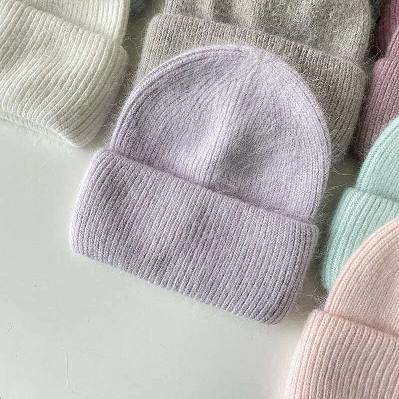 Angola Beanie Hat Winter Women&#39;s 2022 Rabbit Fur Bonnet Knitted Coarse Cap Thick Soft Ski Cap Lady Skullies Beanies Rib Hats - KIMLUD