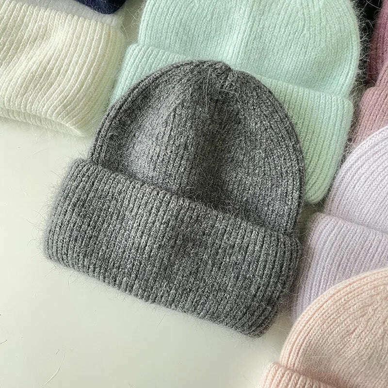 Angola Beanie Hat Winter Women&#39;s 2022 Rabbit Fur Bonnet Knitted Coarse Cap Thick Soft Ski Cap Lady Skullies Beanies Rib Hats - KIMLUD