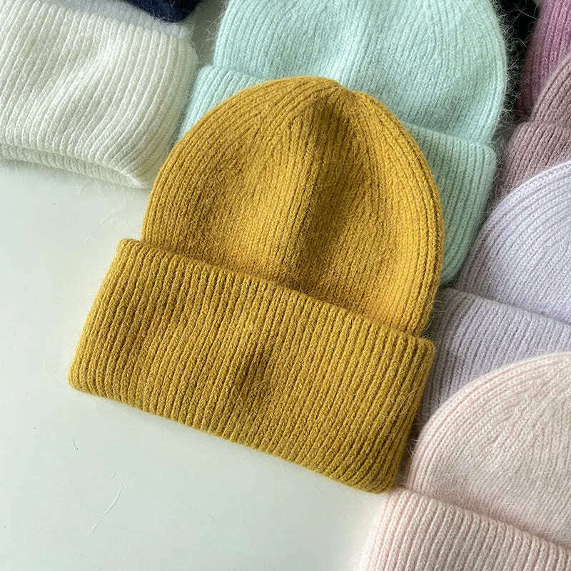 Angola Beanie Hat Winter Women&#39;s 2022 Rabbit Fur Bonnet Knitted Coarse Cap Thick Soft Ski Cap Lady Skullies Beanies Rib Hats - KIMLUD