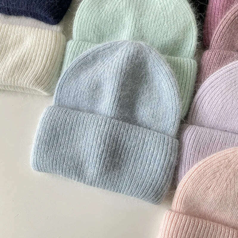 Angola Beanie Hat Winter Women&#39;s 2022 Rabbit Fur Bonnet Knitted Coarse Cap Thick Soft Ski Cap Lady Skullies Beanies Rib Hats - KIMLUD