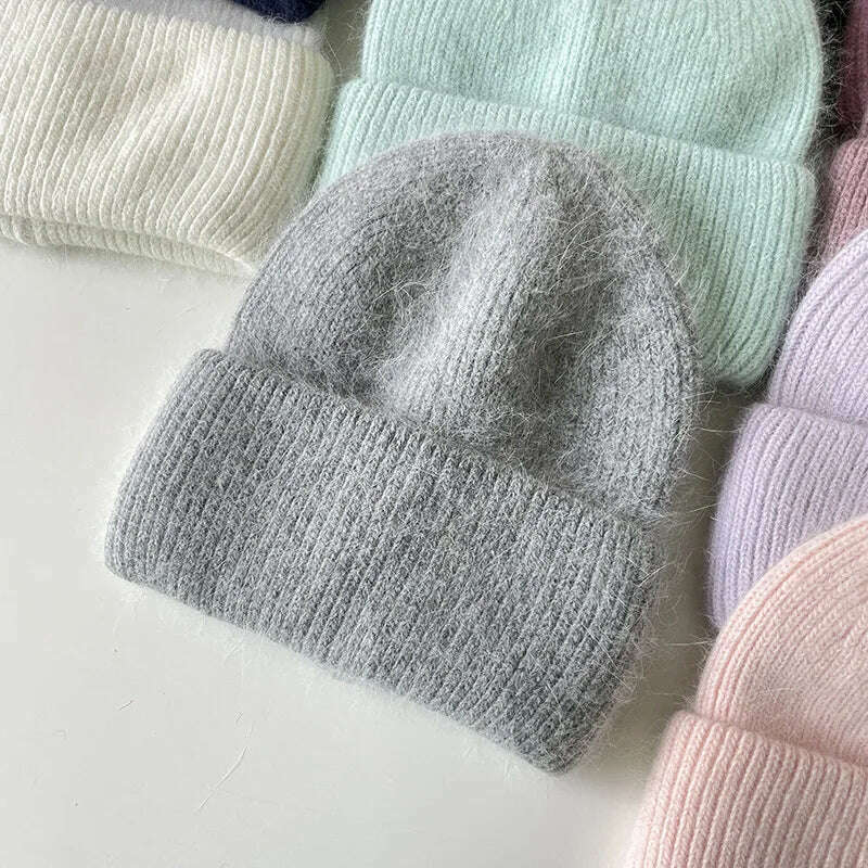 Angola Beanie Hat Winter Women&#39;s 2022 Rabbit Fur Bonnet Knitted Coarse Cap Thick Soft Ski Cap Lady Skullies Beanies Rib Hats - KIMLUD