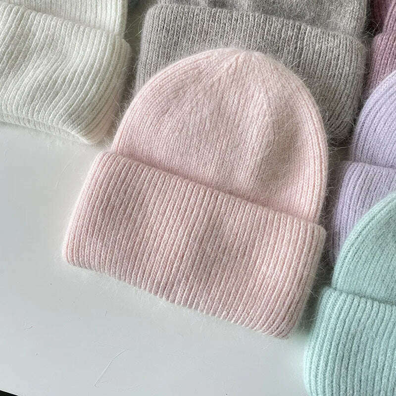 Angola Beanie Hat Winter Women&#39;s 2022 Rabbit Fur Bonnet Knitted Coarse Cap Thick Soft Ski Cap Lady Skullies Beanies Rib Hats - KIMLUD