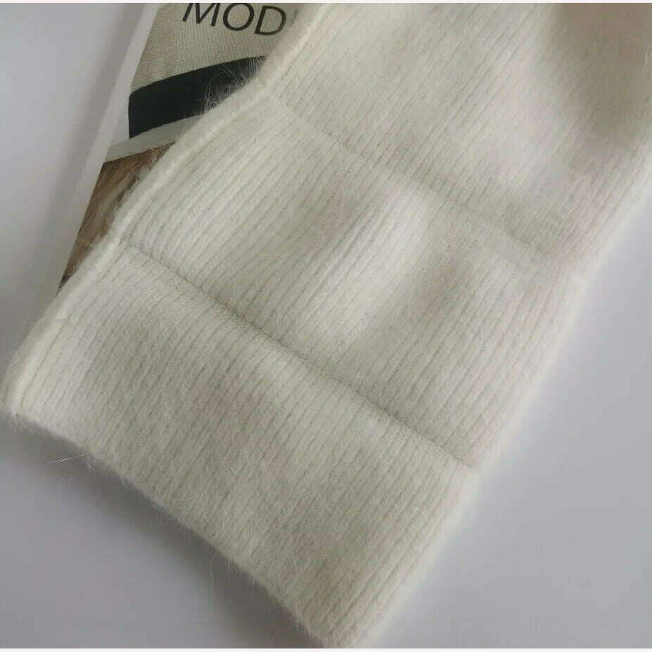 Angola Beanie Hat Winter Women&#39;s 2022 Rabbit Fur Bonnet Knitted Coarse Cap Thick Soft Ski Cap Lady Skullies Beanies Rib Hats - KIMLUD