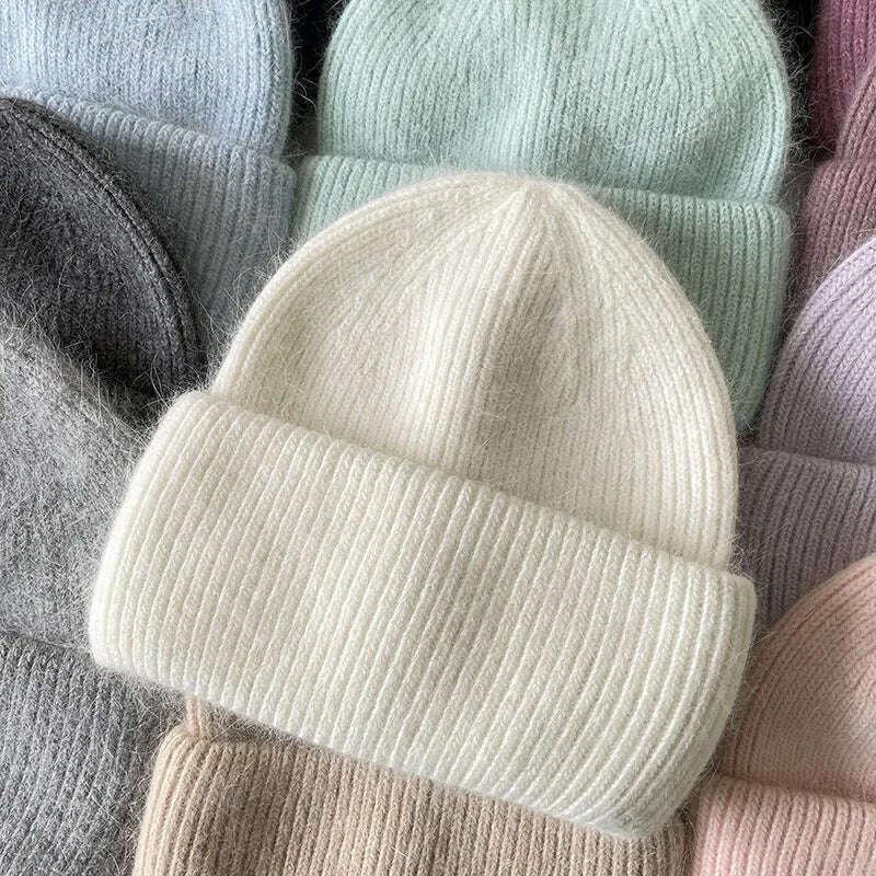 Angola Beanie Hat Winter Women&#39;s 2022 Rabbit Fur Bonnet Knitted Coarse Cap Thick Soft Ski Cap Lady Skullies Beanies Rib Hats - KIMLUD
