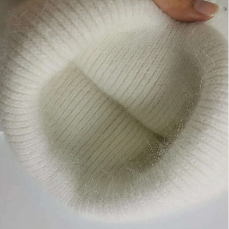 Angola Beanie Hat Winter Women&#39;s 2022 Rabbit Fur Bonnet Knitted Coarse Cap Thick Soft Ski Cap Lady Skullies Beanies Rib Hats - KIMLUD