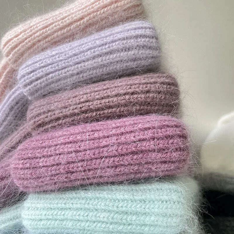 Angola Beanie Hat Winter Women&#39;s 2022 Rabbit Fur Bonnet Knitted Coarse Cap Thick Soft Ski Cap Lady Skullies Beanies Rib Hats - KIMLUD