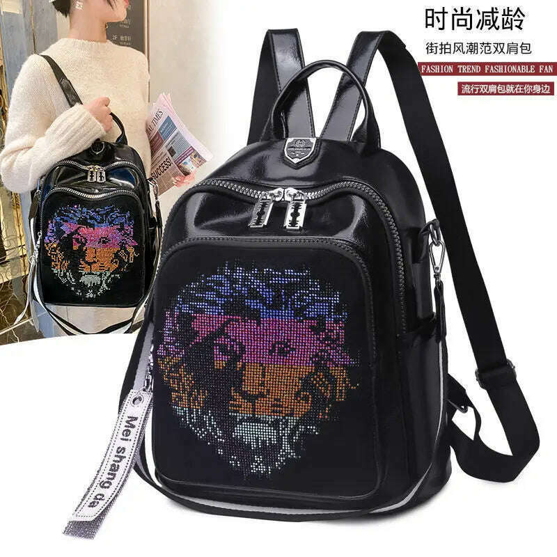KIMLUD, Animal Design Pu Leather Backpack For Women It Diamond School Bag Rivet Sequins Backpack 2021 Branded Rhinestone Bagpack Mochila, Black, KIMLUD Womens Clothes