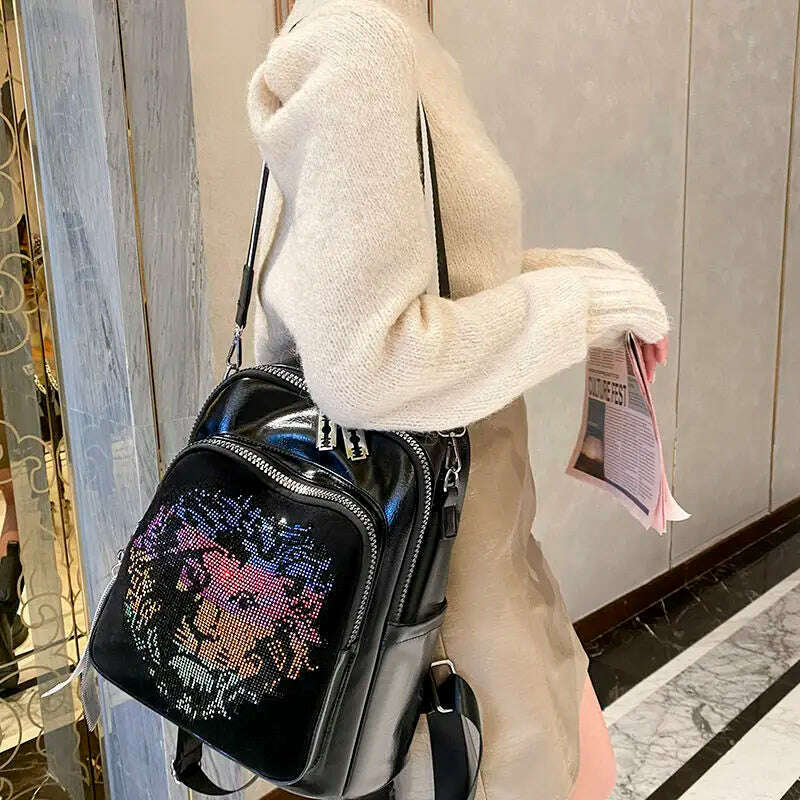 KIMLUD, Animal Design Pu Leather Backpack For Women It Diamond School Bag Rivet Sequins Backpack 2021 Branded Rhinestone Bagpack Mochila, KIMLUD Womens Clothes