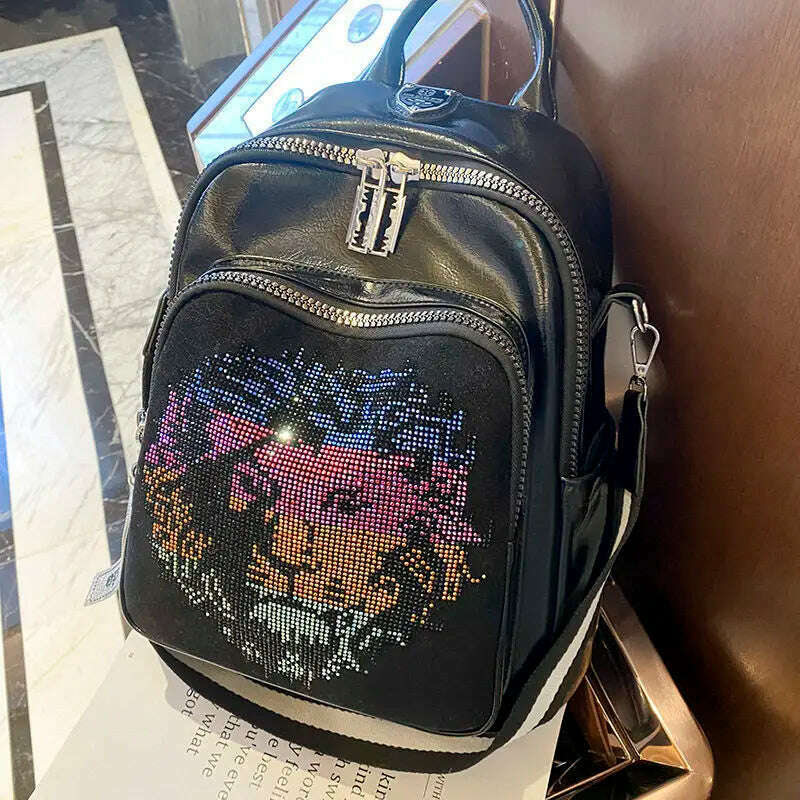 KIMLUD, Animal Design Pu Leather Backpack For Women It Diamond School Bag Rivet Sequins Backpack 2021 Branded Rhinestone Bagpack Mochila, KIMLUD Womens Clothes