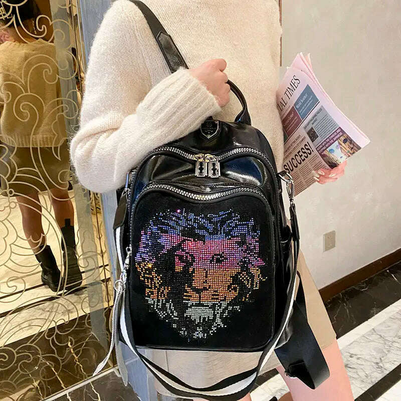 KIMLUD, Animal Design Pu Leather Backpack For Women It Diamond School Bag Rivet Sequins Backpack 2021 Branded Rhinestone Bagpack Mochila, KIMLUD Womens Clothes