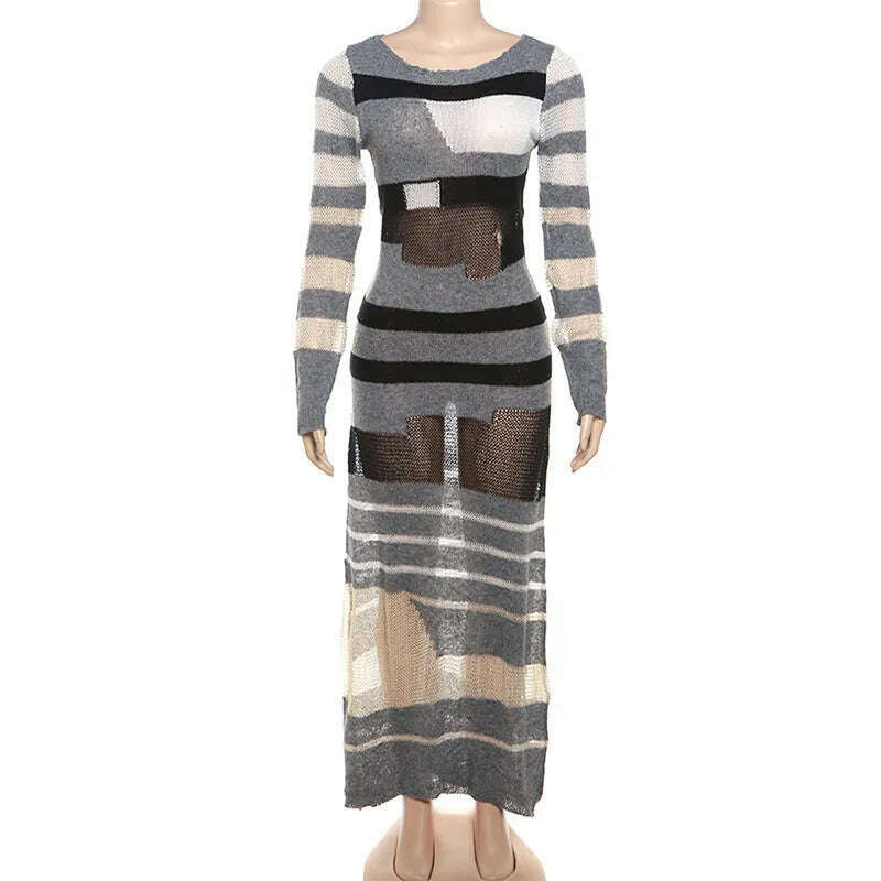 KIMLUD, ANJAMANOR Distressed Sweater Dress Winter Fashion Grey Stripe Colorblock Hollow Knit Long Sleeve Maxi Dresses for Women D87-EZ29, KIMLUD Womens Clothes