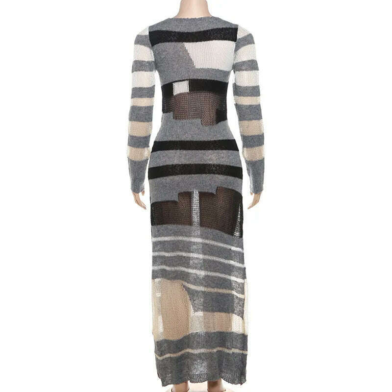 KIMLUD, ANJAMANOR Distressed Sweater Dress Winter Fashion Grey Stripe Colorblock Hollow Knit Long Sleeve Maxi Dresses for Women D87-EZ29, KIMLUD Womens Clothes