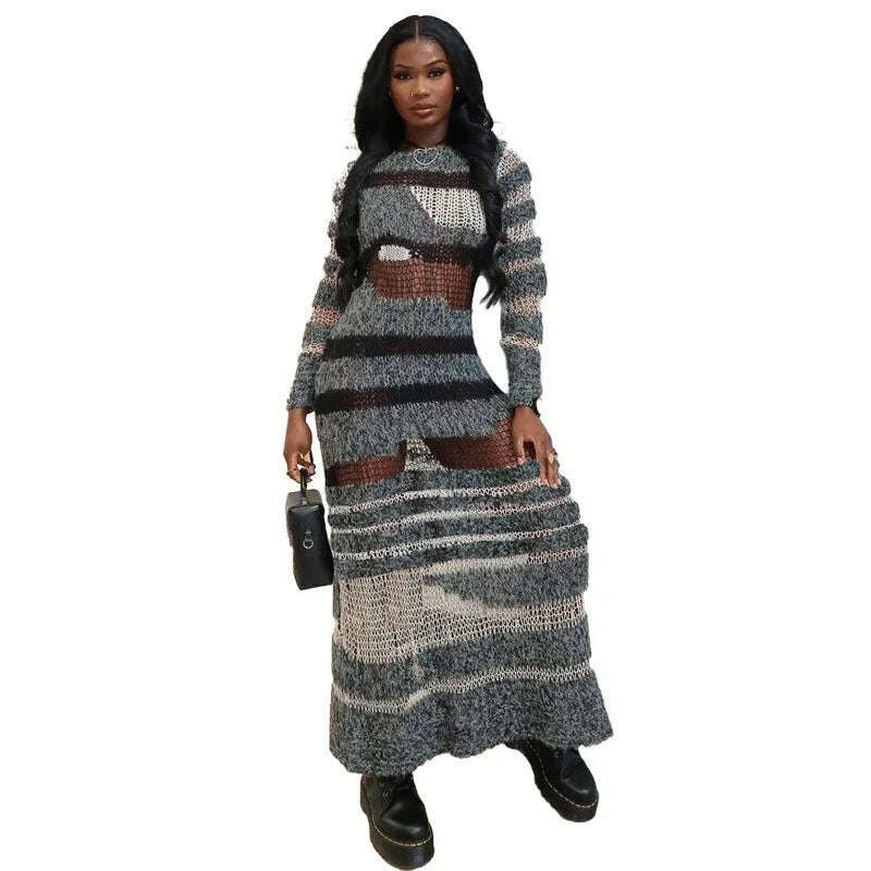 KIMLUD, ANJAMANOR Distressed Sweater Dress Winter Fashion Grey Stripe Colorblock Hollow Knit Long Sleeve Maxi Dresses for Women D87-EZ29, GRAY / S, KIMLUD Womens Clothes