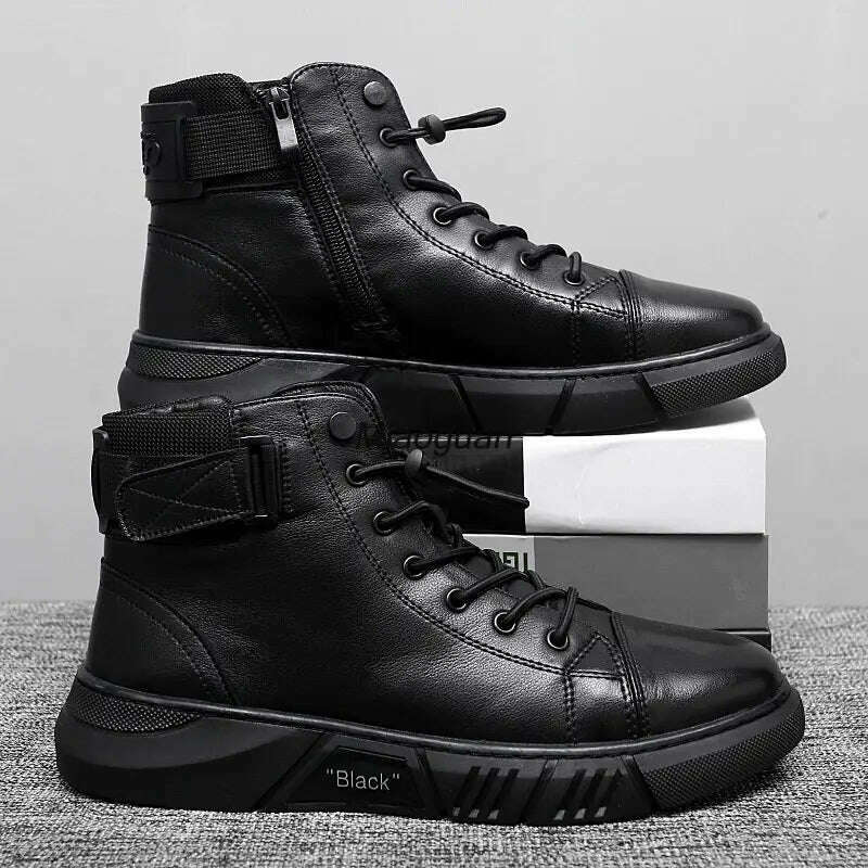 KIMLUD, Ankle Boots Black PU Leather Men&#39;s Sports Shoes Autumn Winter Comfortable High-top Casual Fashion Platform Boots Man Round Head, KIMLUD Women's Clothes