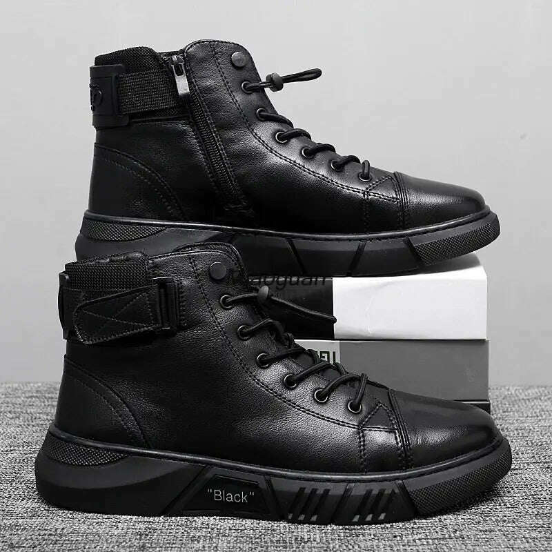 KIMLUD, Ankle Boots Black PU Leather Men&#39;s Sports Shoes Autumn Winter Comfortable High-top Casual Fashion Platform Boots Man Round Head, KIMLUD Womens Clothes