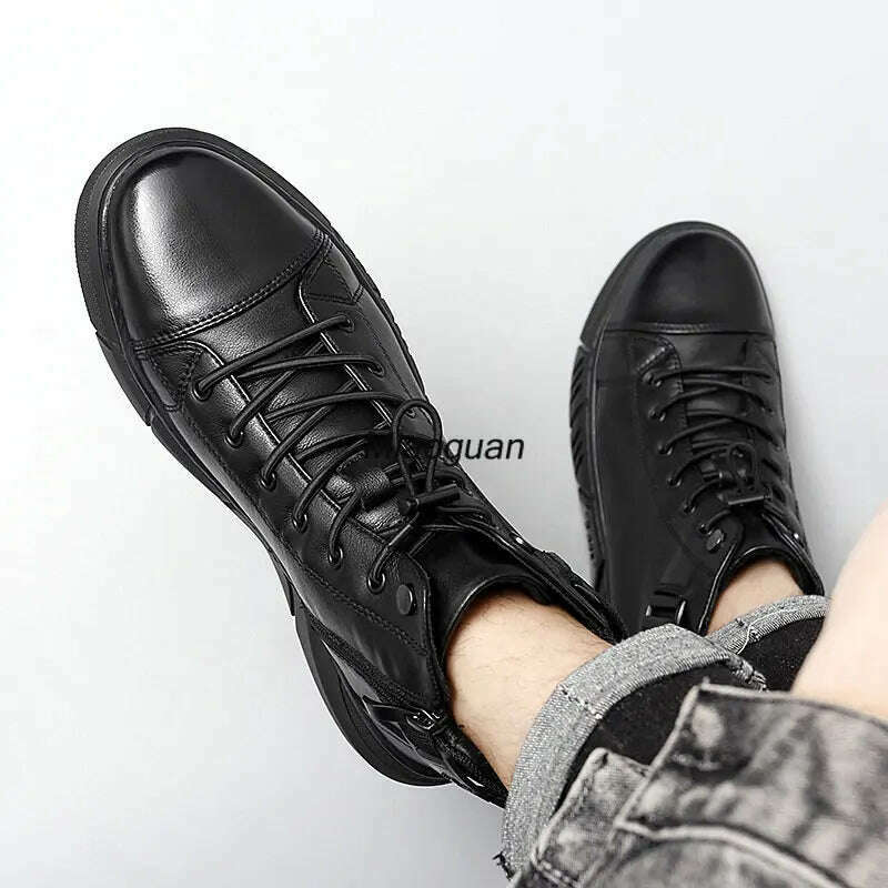 KIMLUD, Ankle Boots Black PU Leather Men&#39;s Sports Shoes Autumn Winter Comfortable High-top Casual Fashion Platform Boots Man Round Head, KIMLUD Womens Clothes