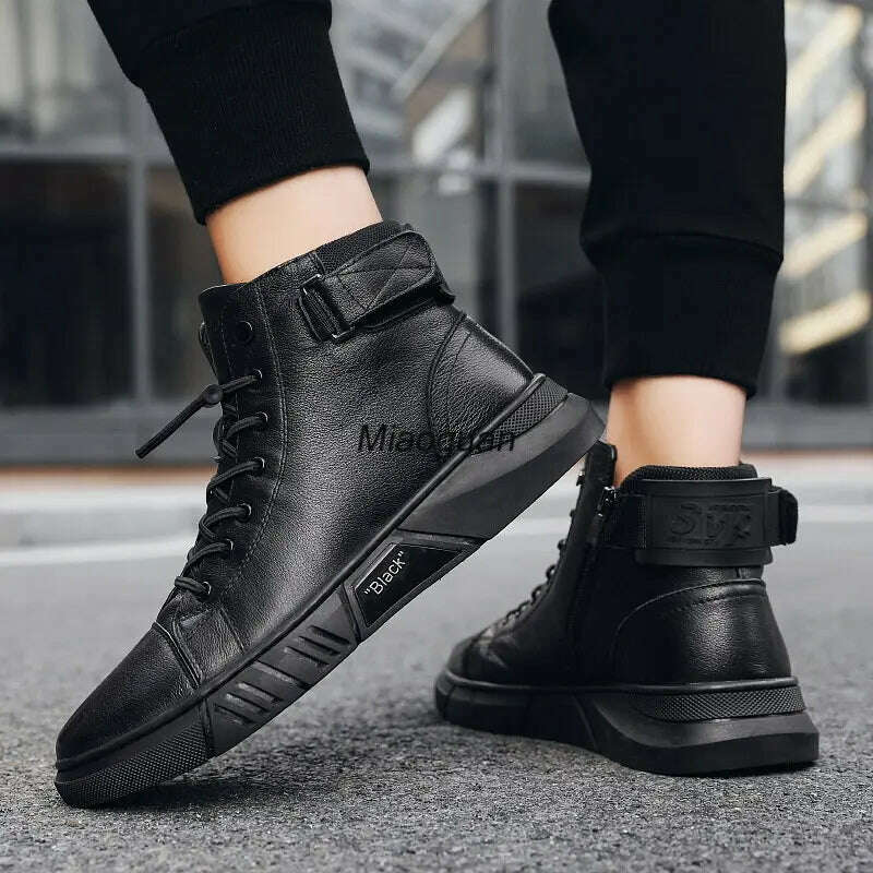 KIMLUD, Ankle Boots Black PU Leather Men&#39;s Sports Shoes Autumn Winter Comfortable High-top Casual Fashion Platform Boots Man Round Head, KIMLUD Womens Clothes