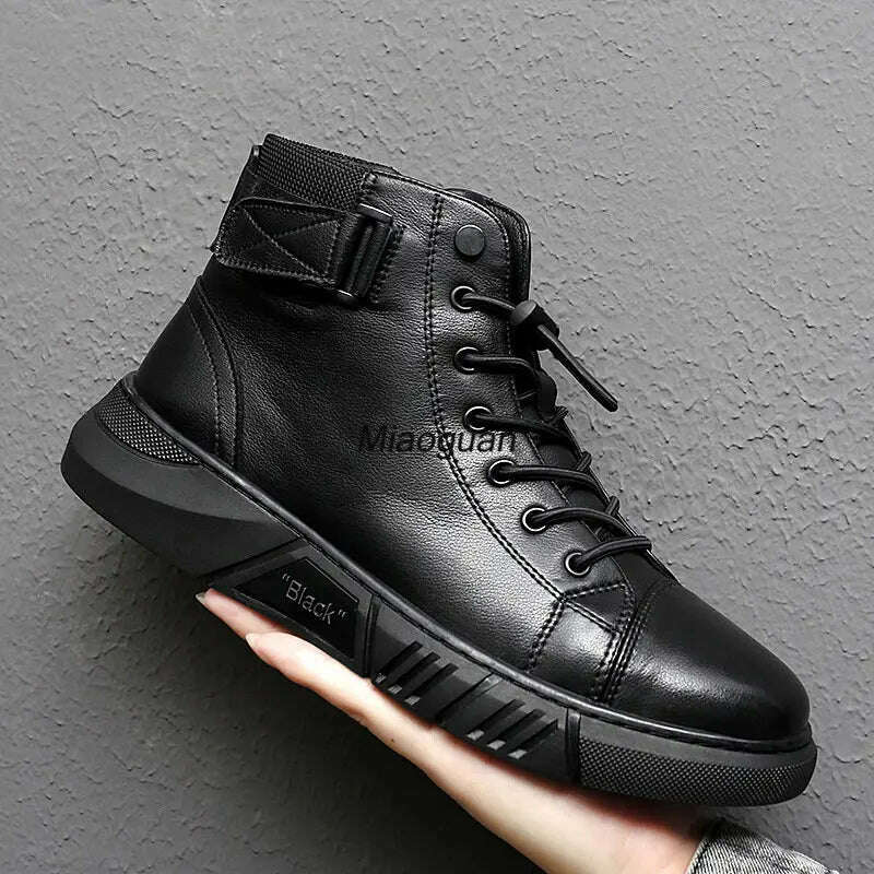 KIMLUD, Ankle Boots Black PU Leather Men&#39;s Sports Shoes Autumn Winter Comfortable High-top Casual Fashion Platform Boots Man Round Head, KIMLUD Womens Clothes