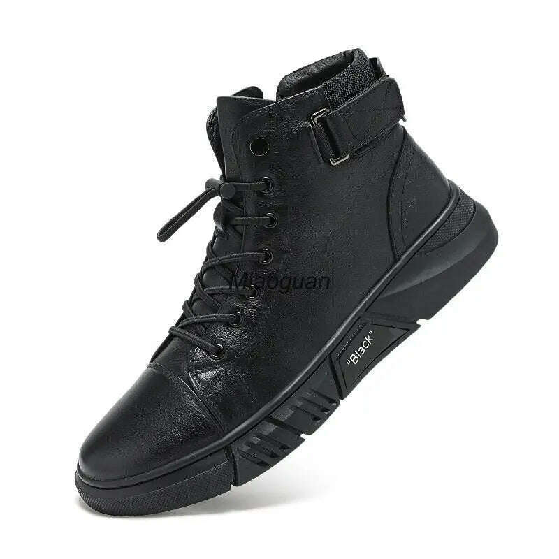 KIMLUD, Ankle Boots Black PU Leather Men&#39;s Sports Shoes Autumn Winter Comfortable High-top Casual Fashion Platform Boots Man Round Head, KIMLUD Womens Clothes